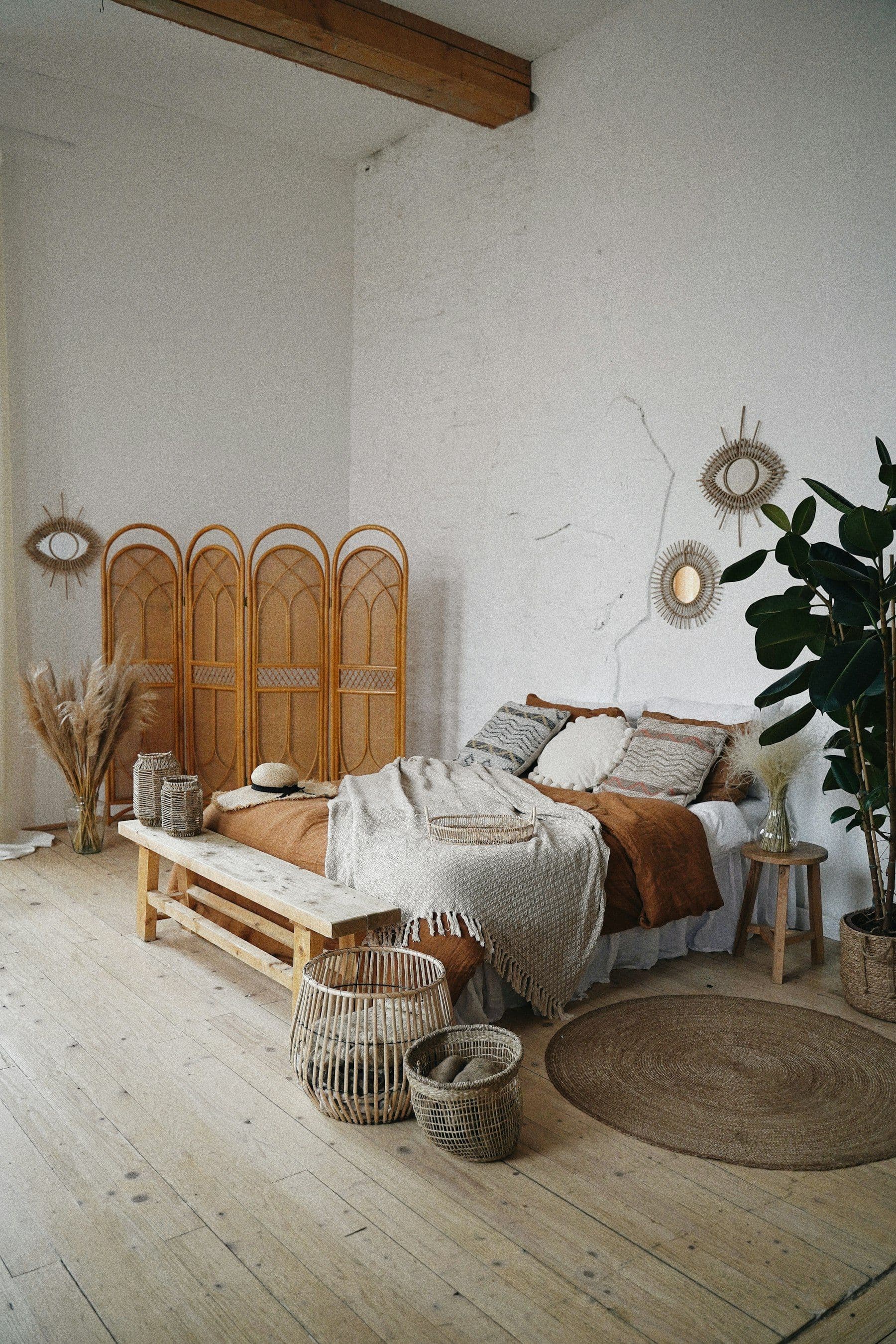 Illustrative image: wooden door beside a woven armchair