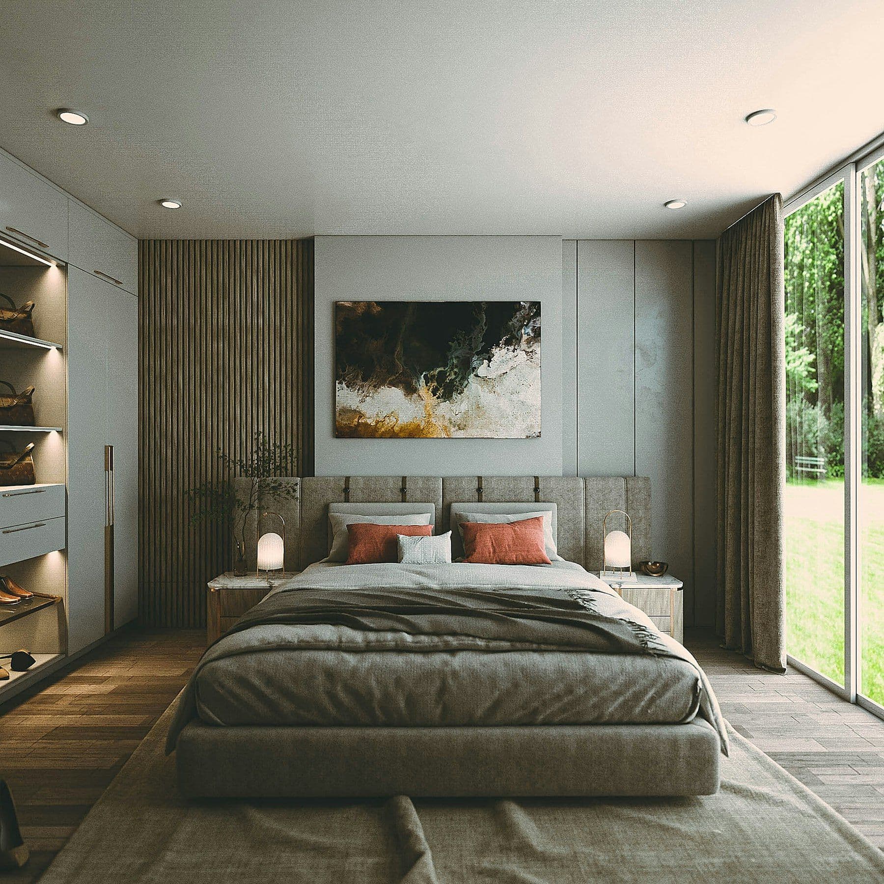 Illustrative image: bedroom with a large bed and a painting