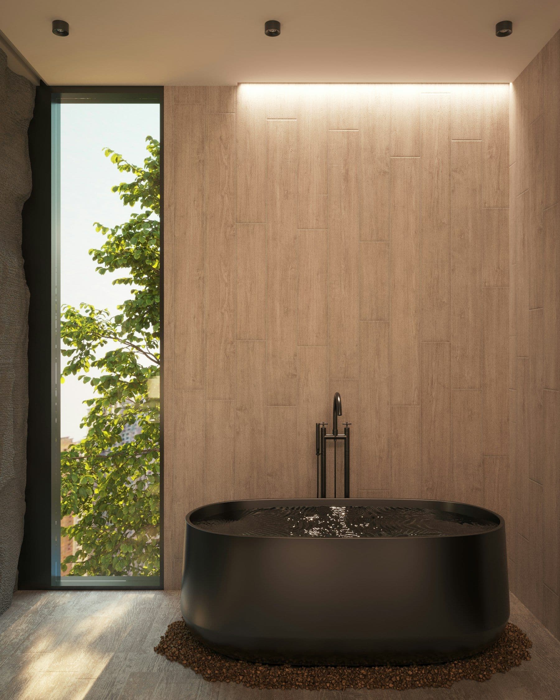 Illustrative image: bathroom with a dark freestanding tub