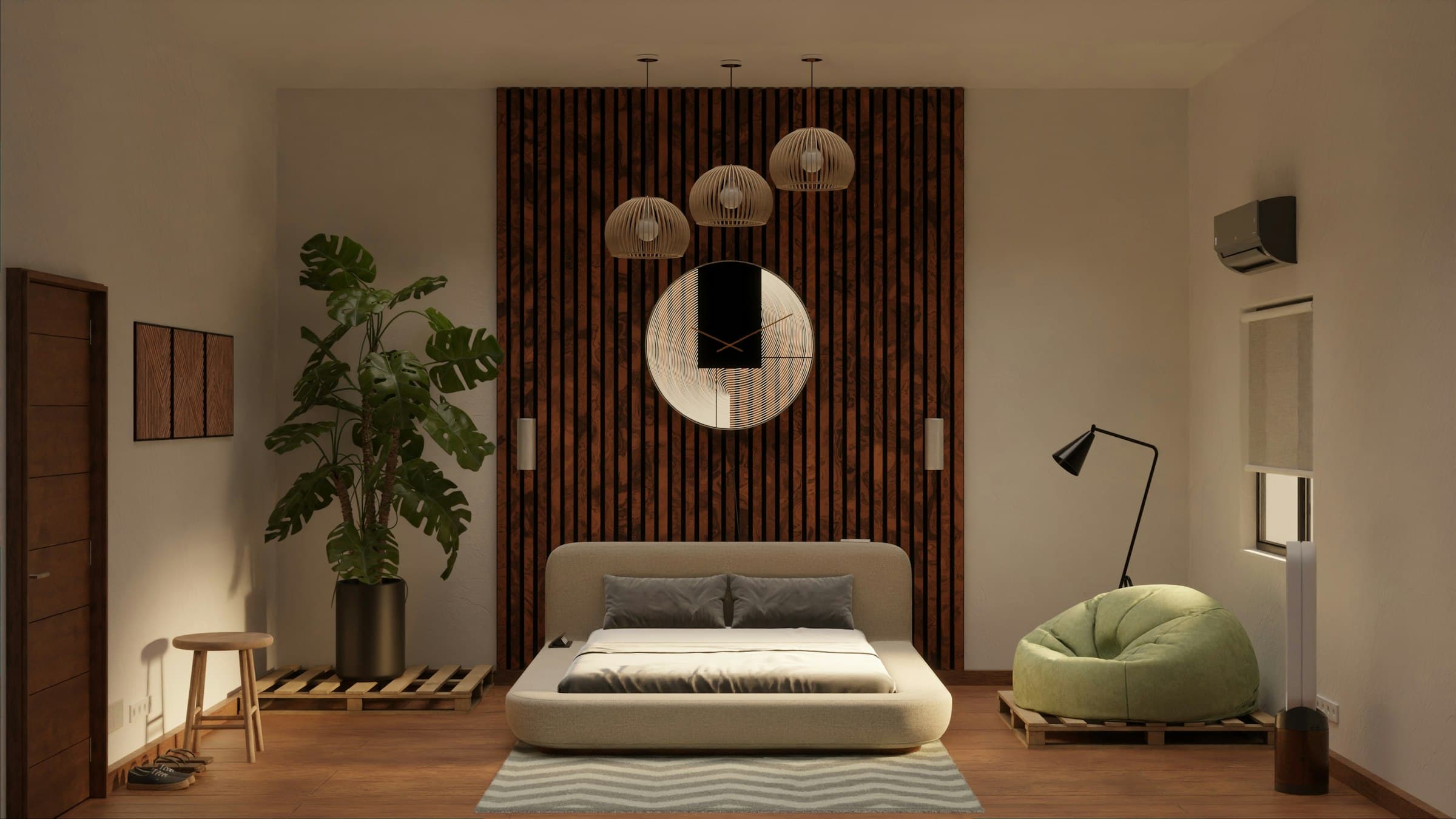 Illustrative image: bedroom with a queen bed and round mirror