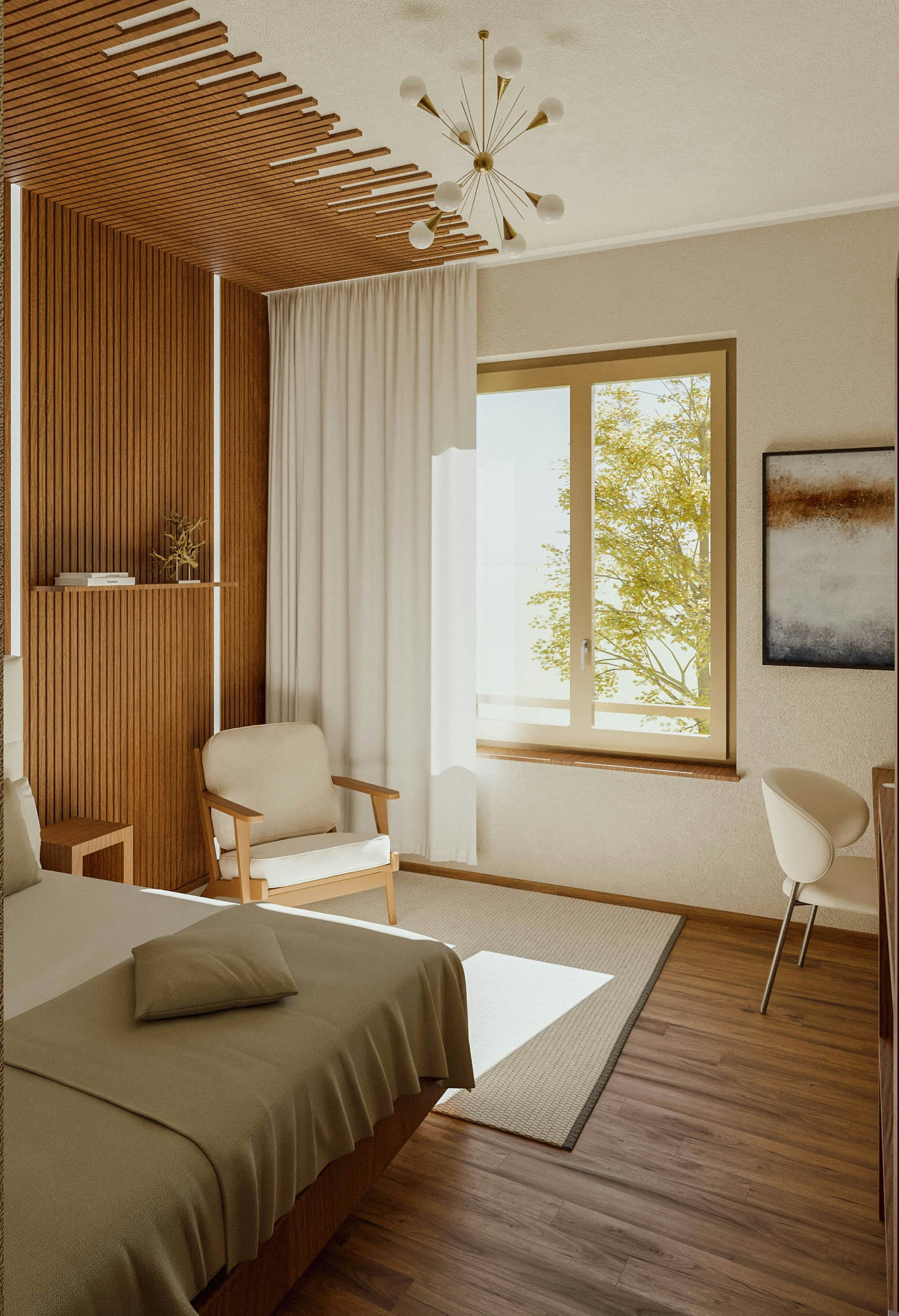 Illustrative image: calm guest bedroom with wooden accents