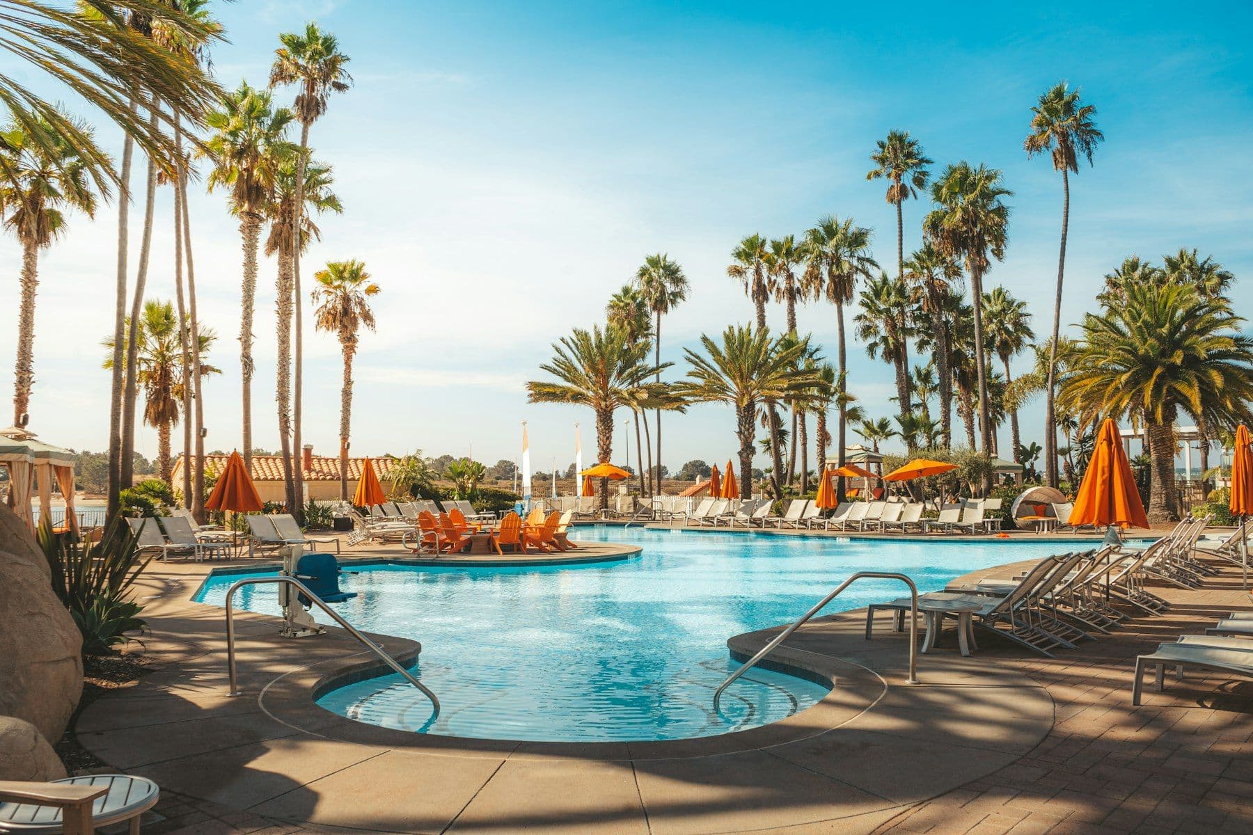 Illustrative image: shared pool with palm trees at a condo complex